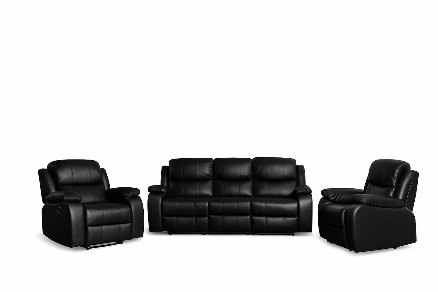 Living Sofá 3 Cuerpos Reclinable color negro mate + 2 Bergers de 1 cuerpo