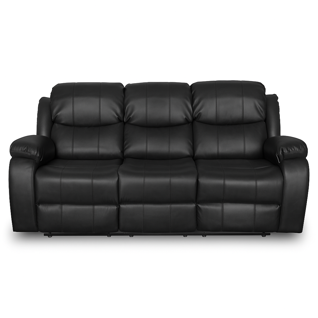 Living Sofá 3 Cuerpos Reclinable color negro mate + 2 Bergers de 1 cuerpo