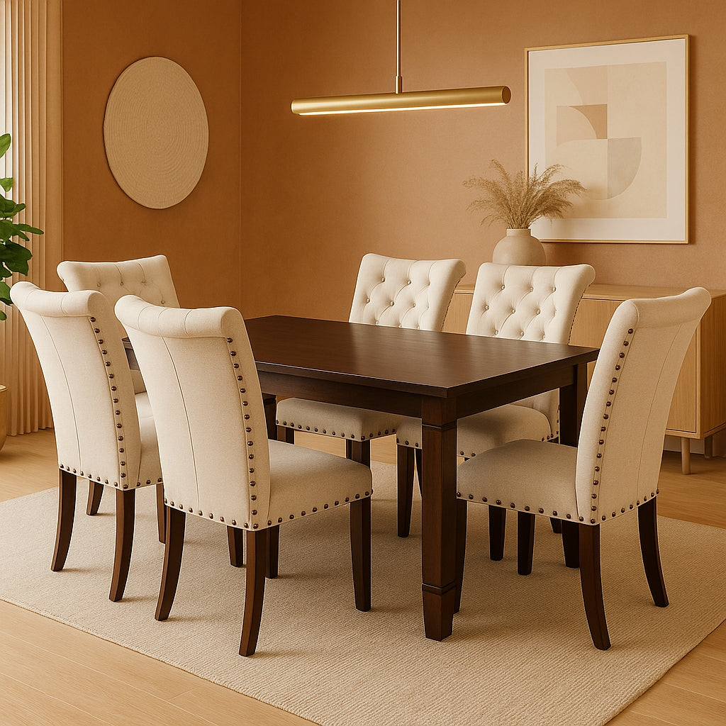 Comedor de madera con 6 sillas tapiz Capitoné Modelo Grecia Beige