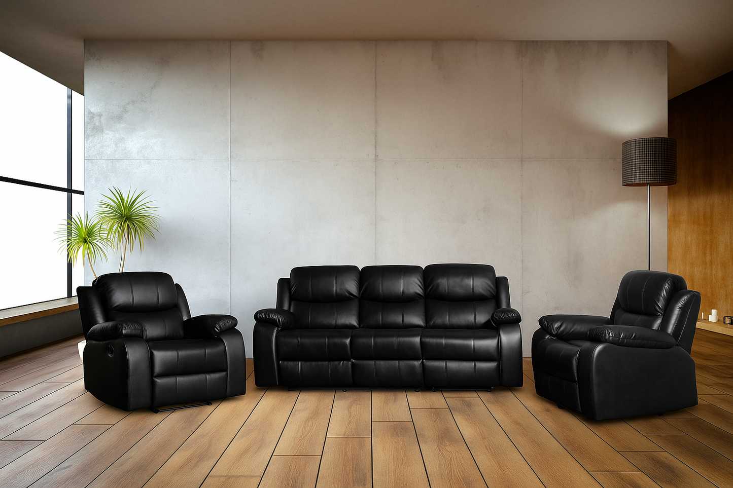 Living Sofá 3 Cuerpos Reclinable color negro mate + 2 Bergers de 1 cuerpo