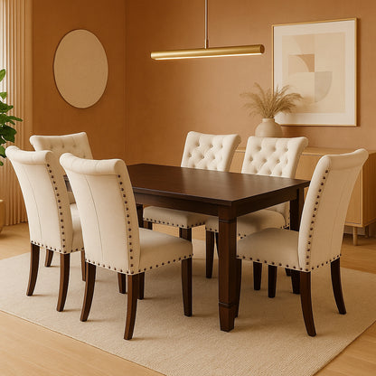 Comedor de madera con 6 sillas tapiz Capitoné Modelo Grecia Beige