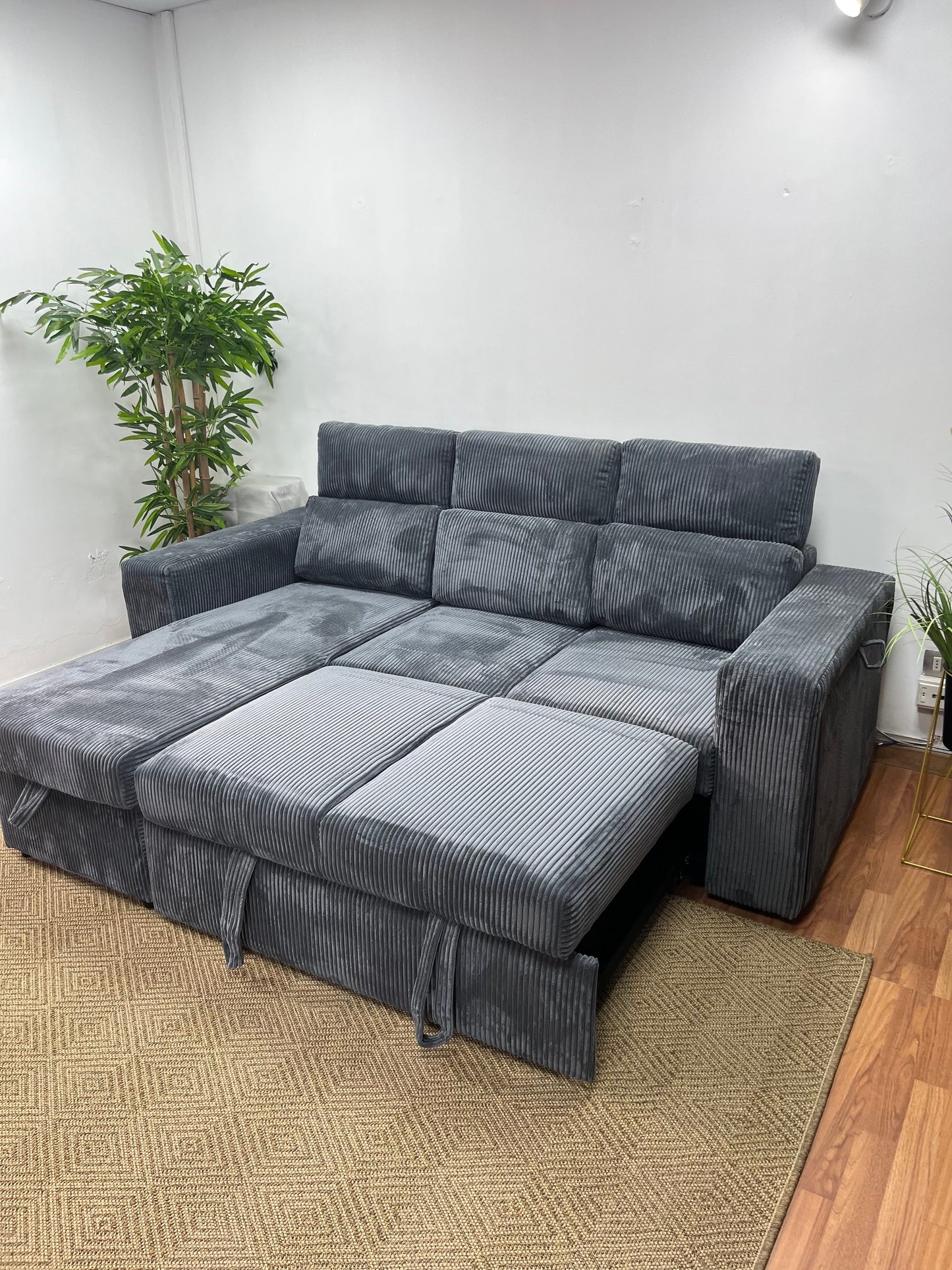 Sofá cama con almacenamiento, sofá L libre disposición color gris azulado