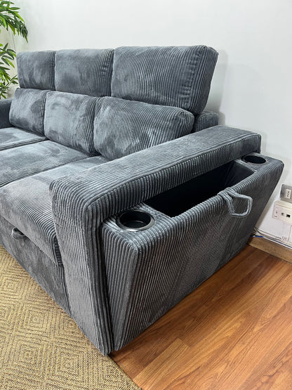 Sofá cama con almacenamiento, sofá L libre disposición color gris azulado