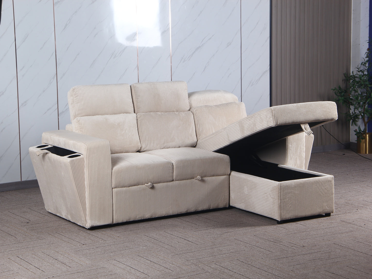 Sofa cama con almacenamiento, modelo Roma color blanco invierno/ crema